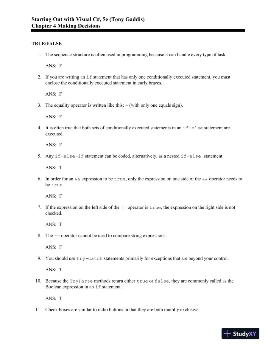 Test Bank for Starting Out With Visual C#, 5th Edition, page 16