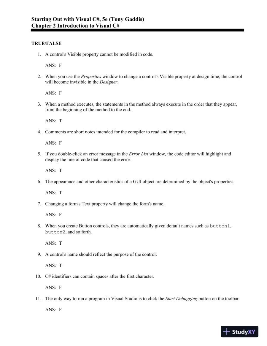 Test Bank for Starting Out With Visual C#, 5th Edition, page 9