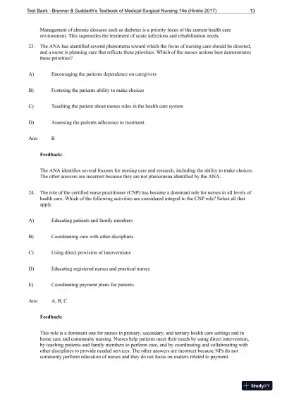 Test Bank for Brunner and Suddarths Textbook of Medical-Surgical Nursing, 14th Edition - Page 14 preview image