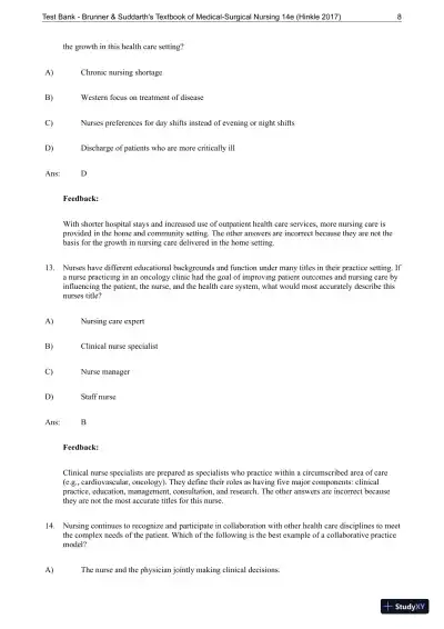 Test Bank for Brunner and Suddarths Textbook of Medical-Surgical Nursing, 14th Edition - Page 9 preview image