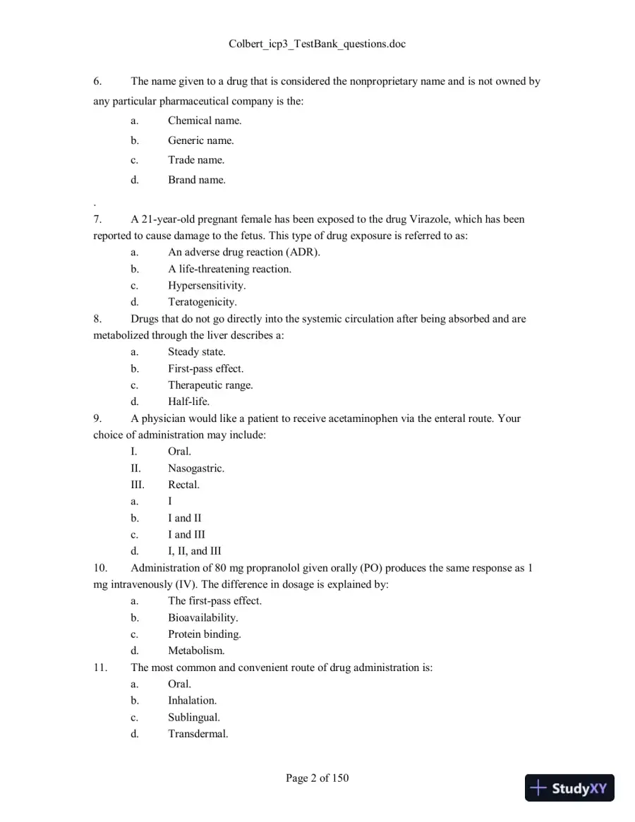 Test Bank For Integrated Cardiopulmonary Pharmacology, 3rd Edition, 3rd Edition, page 3