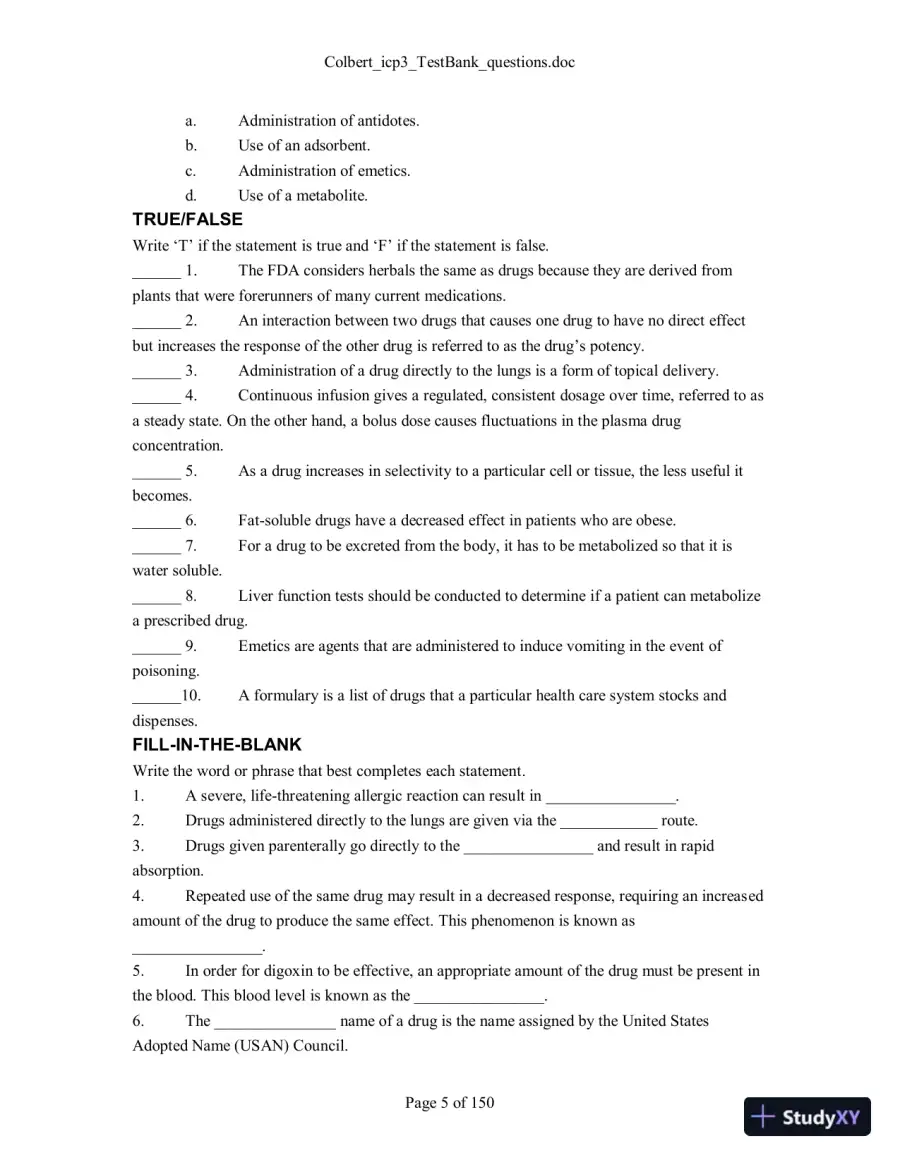 Test Bank For Integrated Cardiopulmonary Pharmacology, 3rd Edition, 3rd Edition, page 6