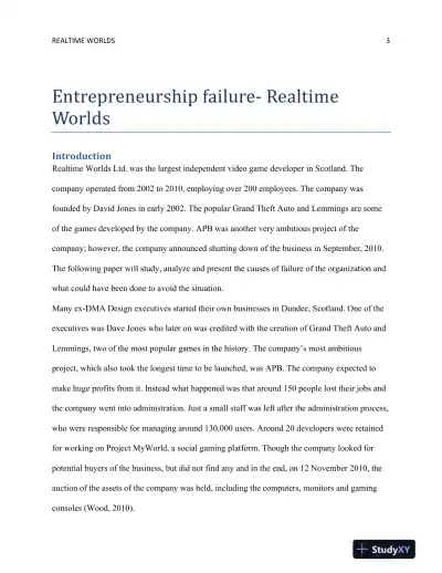 An Analysis of the Failure of Realtime Worlds Ltd.: Causes, Consequences, and Lessons for Future Business Strategies - Page 4 preview image