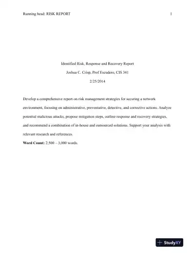 CIS 341 Identified Risk, Response and Recovery Report - Page 1 preview image