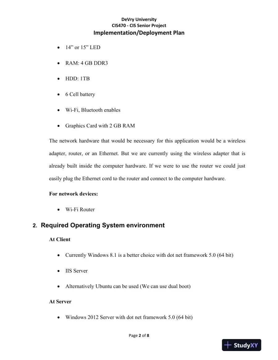 CIS470 - CIS Senior Project Implementation/Deployment Plan DeVry University, page 3