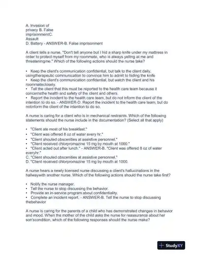 2023 ATI RN Proctored Exam with Answers (58 Solved Questions) - Page 4 preview image