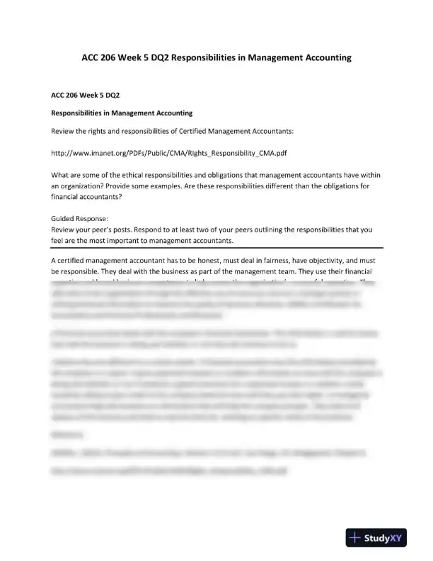 ACC 206 Week 5 DQ2 Responsibilities in Management Accounting - Page 1 preview image