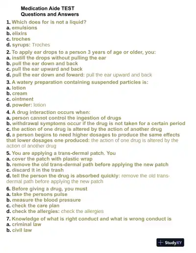 Pharmacology Aide Test With Answers (315 Solved Questions) - Page 1 preview image
