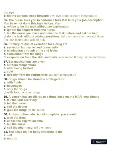 Pharmacology Aide Test With Answers (315 Solved Questions) - Page 11 preview image