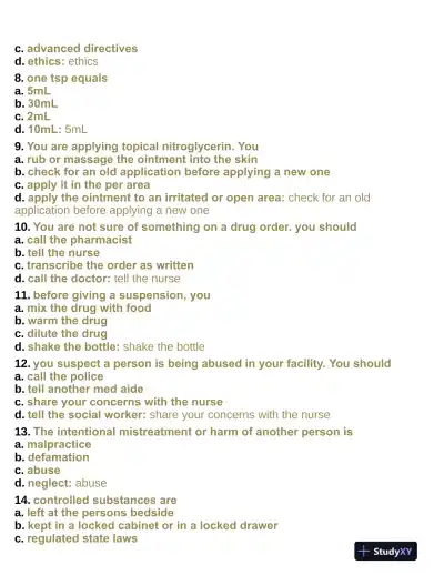 Pharmacology Aide Test With Answers (315 Solved Questions) - Page 3 preview image