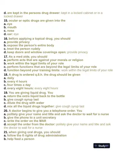 Pharmacology Aide Test With Answers (315 Solved Questions) - Page 4 preview image