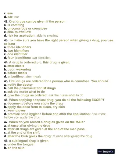 Pharmacology Aide Test With Answers (315 Solved Questions) - Page 9 preview image