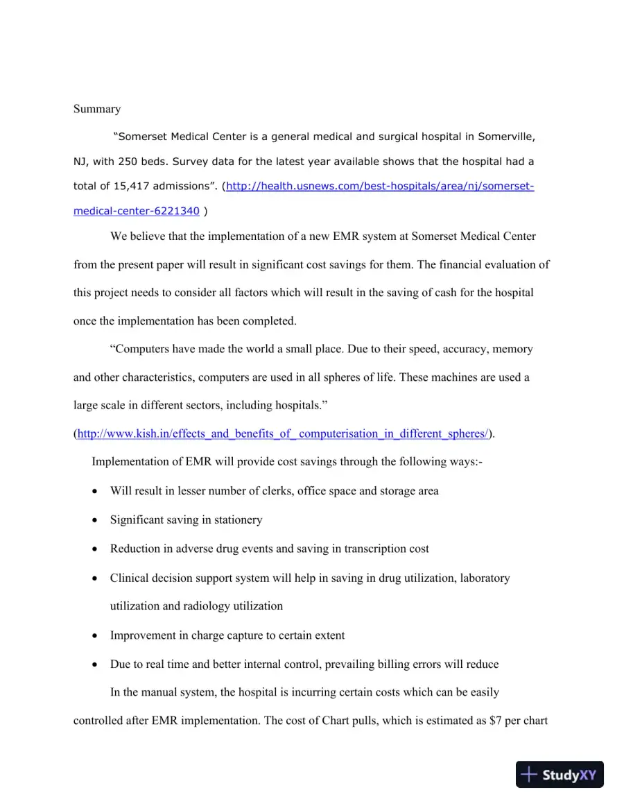 Financial Evaluation And Cost-Benefit Analysis Of EMR Implementation At Somerset Medical Center, page 3