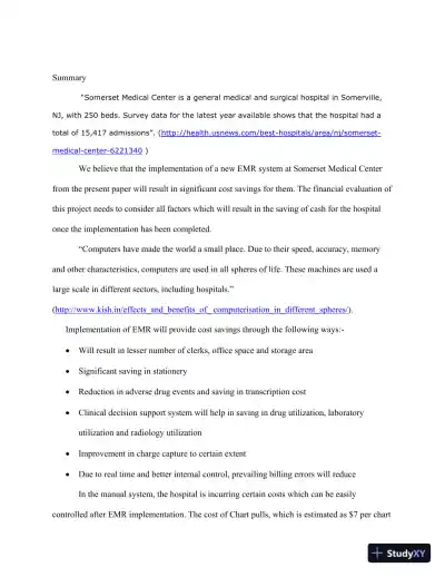 Financial Evaluation And Cost-Benefit Analysis Of EMR Implementation At Somerset Medical Center - Page 3 preview image