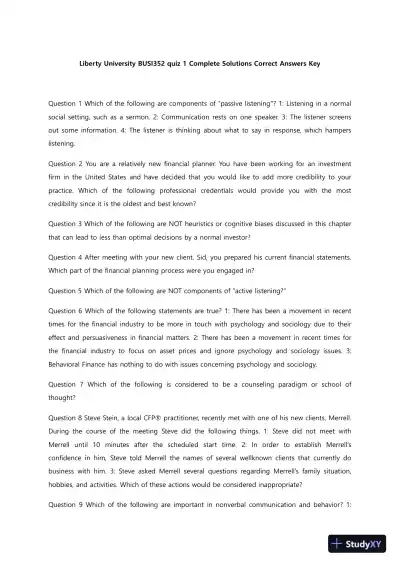 Liberty University BUSI352 Quiz 1 Complete Solutions Correct Answers Key - Page 1 preview image