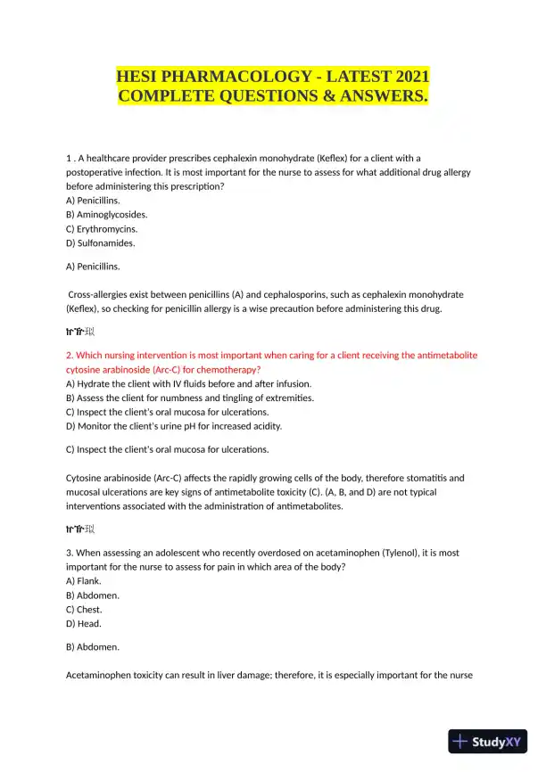 2021 HESI Chamberlain University Pharmacology Practice Exam With Answers (5 Solved Questions) - Page 1 preview image