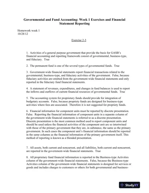 Governmental and Fund Accounting: Week 1 Exercises and Financial Statement Reporting - Page 1 preview image