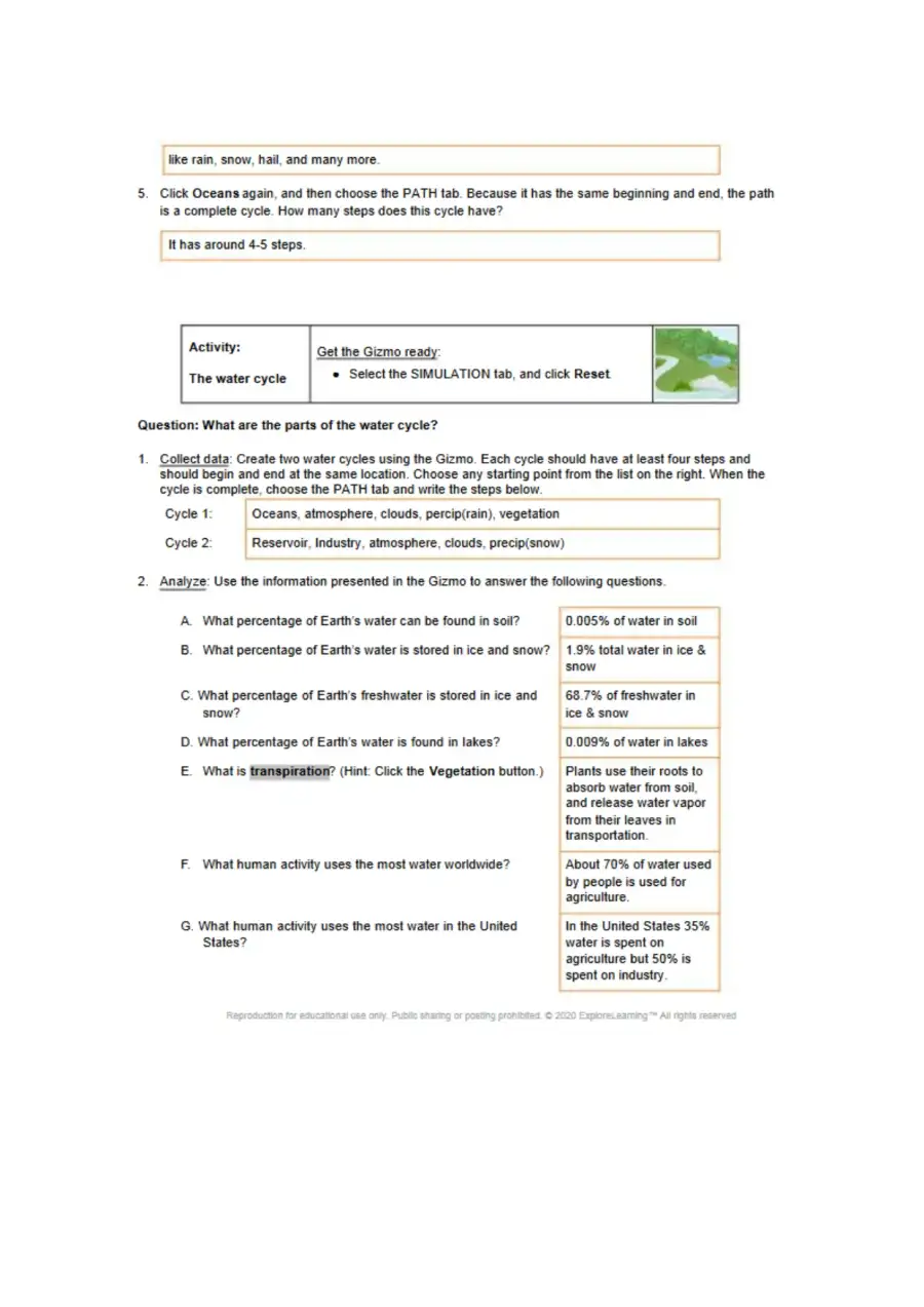 Student Exploration Water Cycle, page 2