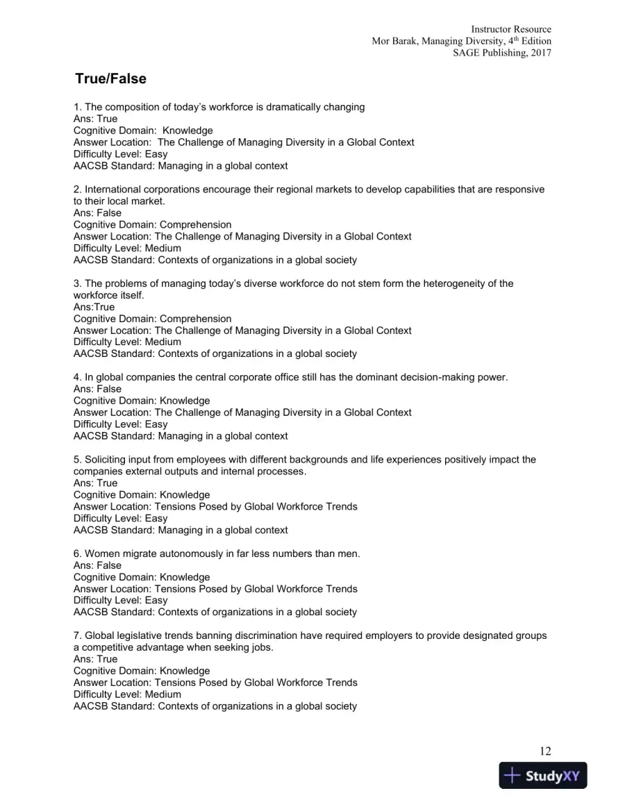 Managing Diversity: Toward a Globally Inclusive Workplace Fourth Edition Test Bank, page 13