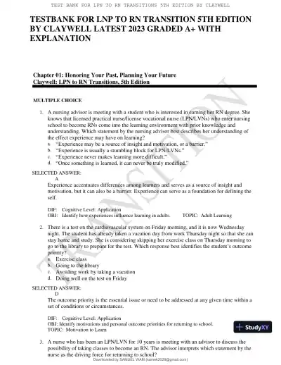 Test Bank for LPN to RN Transitions, 5th Edition (Chapters 1-18) - Page 1 preview image