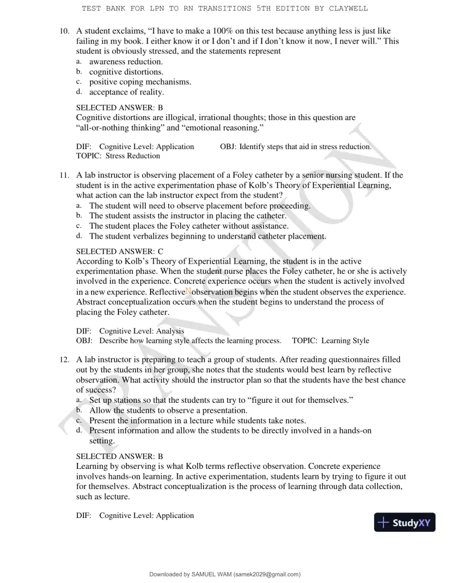 Test Bank for LPN to RN Transitions, 5th Edition (Chapters 1-18), page 10