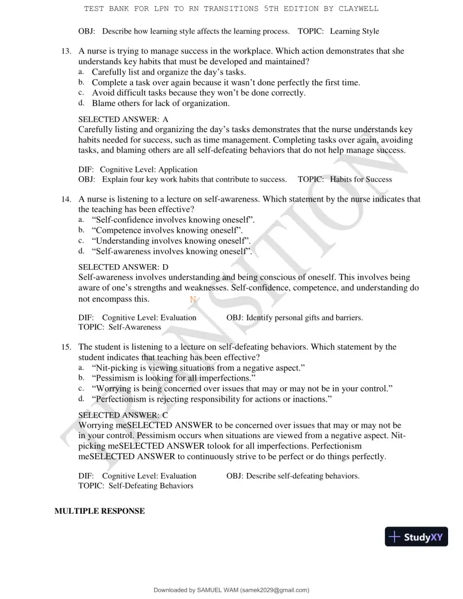 Test Bank for LPN to RN Transitions, 5th Edition (Chapters 1-18), page 11