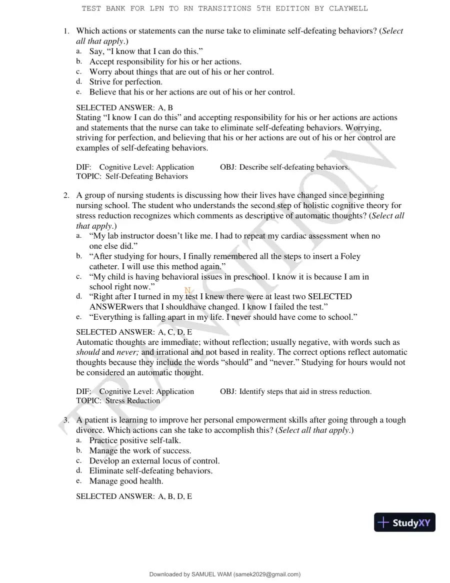 Test Bank for LPN to RN Transitions, 5th Edition (Chapters 1-18), page 12