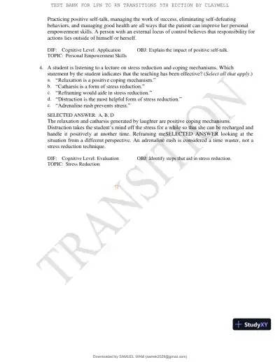 Test Bank for LPN to RN Transitions, 5th Edition (Chapters 1-18) - Page 13 preview image