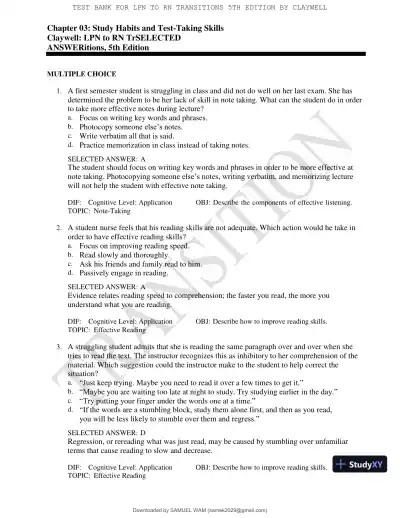 Test Bank for LPN to RN Transitions, 5th Edition (Chapters 1-18) - Page 14 preview image