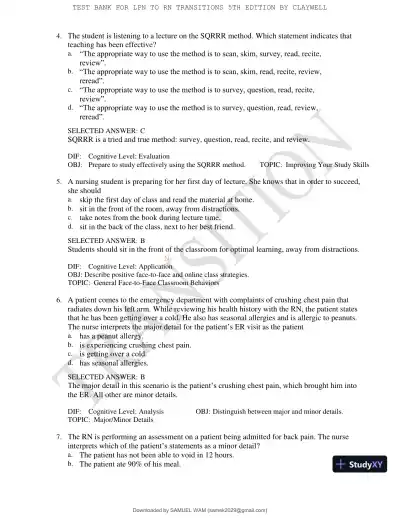 Test Bank for LPN to RN Transitions, 5th Edition (Chapters 1-18) - Page 15 preview image