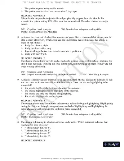 Test Bank for LPN to RN Transitions, 5th Edition (Chapters 1-18) - Page 16 preview image