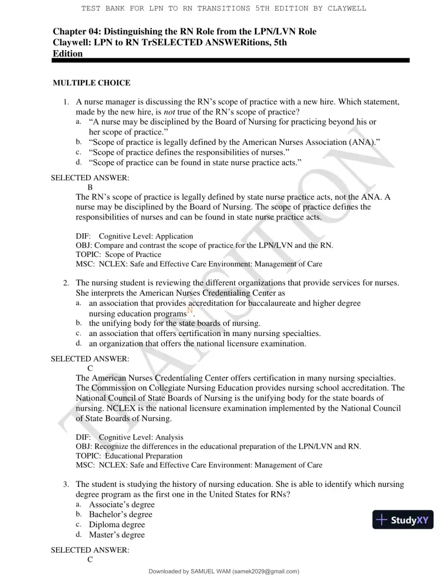 Test Bank for LPN to RN Transitions, 5th Edition (Chapters 1-18), page 19