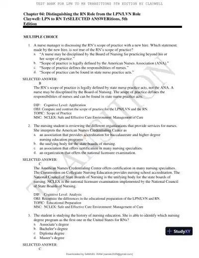 Test Bank for LPN to RN Transitions, 5th Edition (Chapters 1-18) - Page 19 preview image