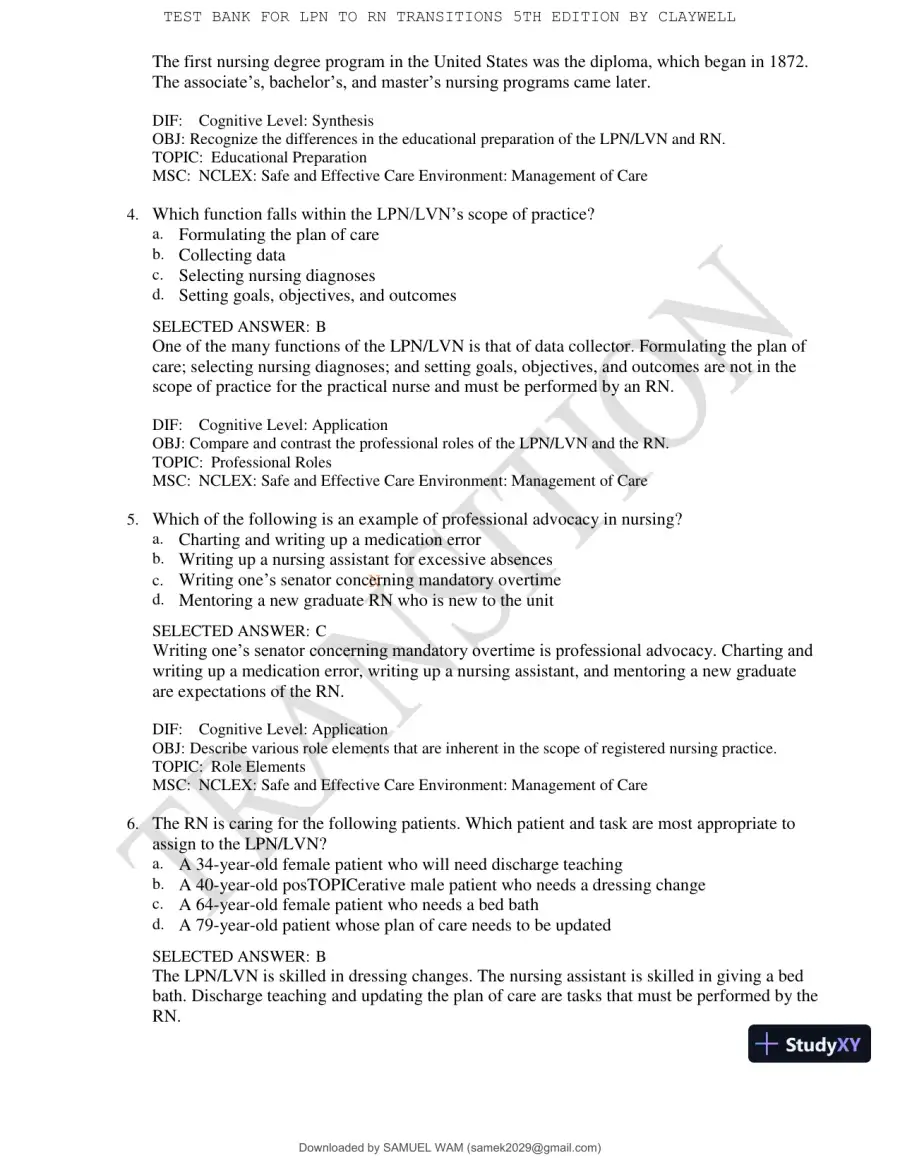 Test Bank for LPN to RN Transitions, 5th Edition (Chapters 1-18), page 20
