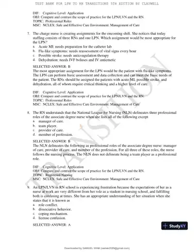 Test Bank for LPN to RN Transitions, 5th Edition (Chapters 1-18) - Page 21 preview image