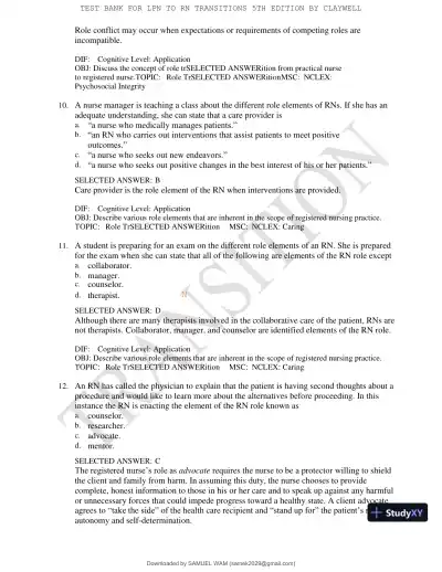 Test Bank for LPN to RN Transitions, 5th Edition (Chapters 1-18) - Page 22 preview image