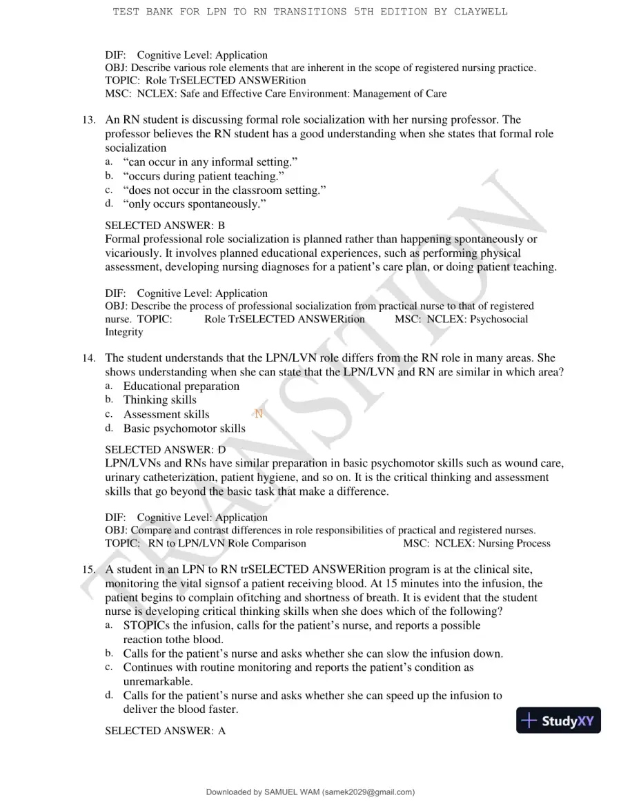 Test Bank for LPN to RN Transitions, 5th Edition (Chapters 1-18), page 23