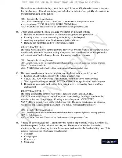 Test Bank for LPN to RN Transitions, 5th Edition (Chapters 1-18) - Page 24 preview image
