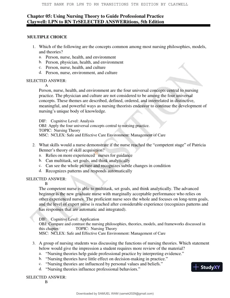 Test Bank for LPN to RN Transitions, 5th Edition (Chapters 1-18), page 26