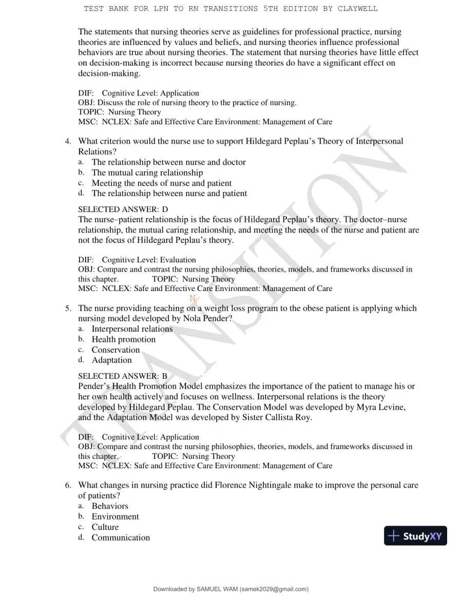 Test Bank for LPN to RN Transitions, 5th Edition (Chapters 1-18), page 27