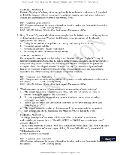 Test Bank for LPN to RN Transitions, 5th Edition (Chapters 1-18) - Page 28 preview image