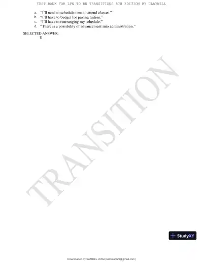 Test Bank for LPN to RN Transitions, 5th Edition (Chapters 1-18) - Page 3 preview image