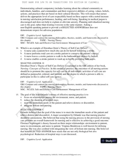 Test Bank for LPN to RN Transitions, 5th Edition (Chapters 1-18) - Page 31 preview image