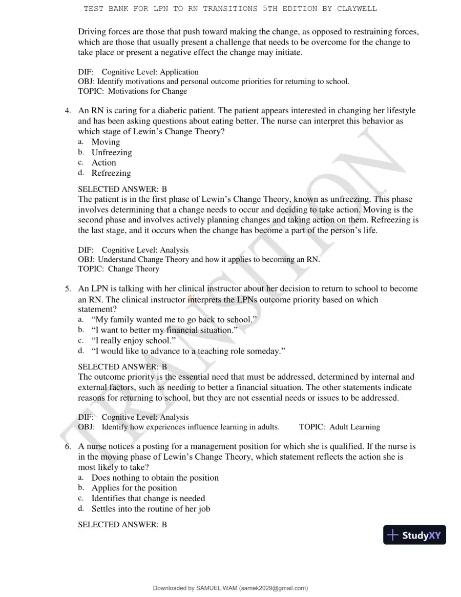 Test Bank for LPN to RN Transitions, 5th Edition (Chapters 1-18), page 4
