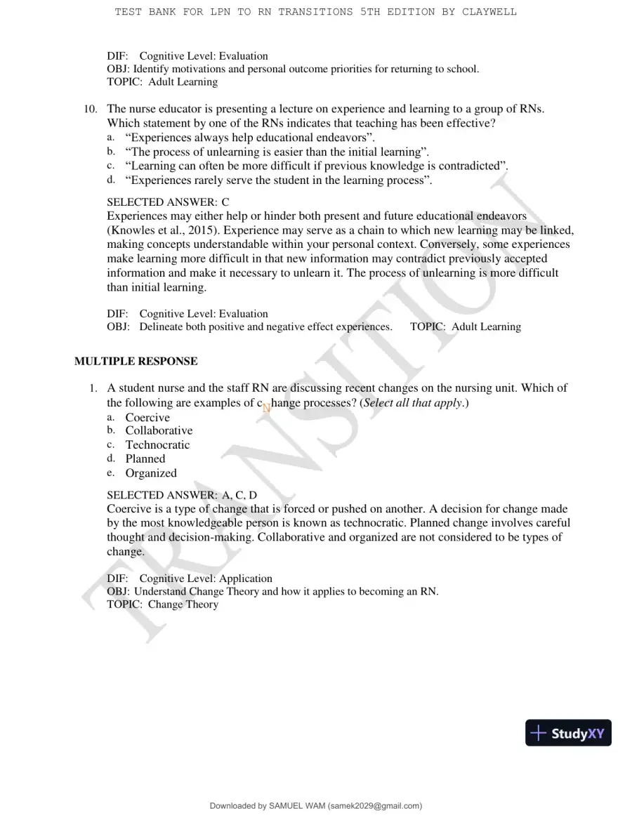 Test Bank for LPN to RN Transitions, 5th Edition (Chapters 1-18), page 6