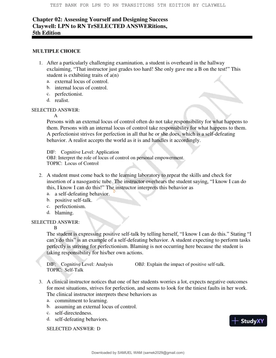 Test Bank for LPN to RN Transitions, 5th Edition (Chapters 1-18), page 7