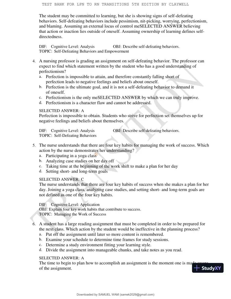 Test Bank for LPN to RN Transitions, 5th Edition (Chapters 1-18), page 8