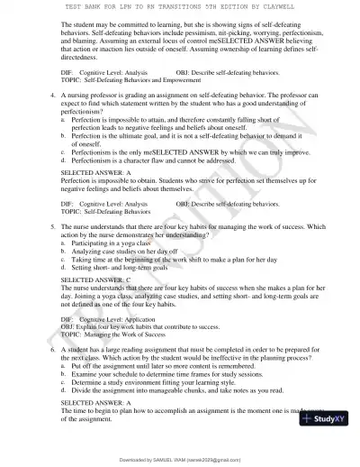 Test Bank for LPN to RN Transitions, 5th Edition (Chapters 1-18) - Page 8 preview image