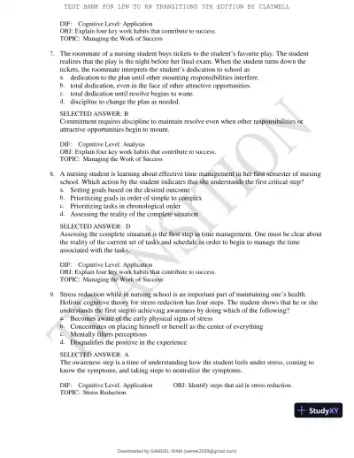 Test Bank for LPN to RN Transitions, 5th Edition (Chapters 1-18) - Page 9 preview image